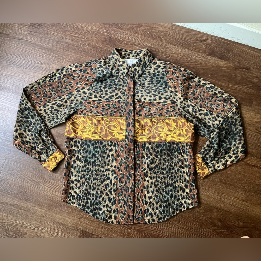 Vintage '80s Petite Sophisticate Colorful Leopard Print Long Sleeve Blouse S/M